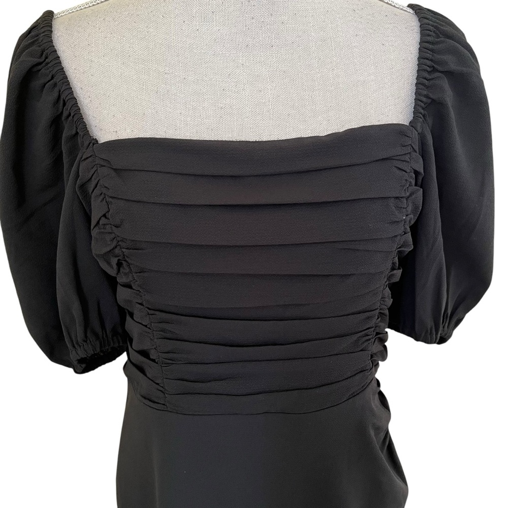 French Connection "Afina" Black Ruched Puff Sleeve Midi Dress with Slit M - Picture 3 of 15